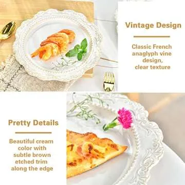 Sungmor 2PC Ceramic Flat Dinner Plates Set, 8.6 Inch & 10.6 Inch Large Round Plates, Beautiful Vine Embossed Porcelain Pasta Serving Dishes, Vintage Medieval Europe Style Big Heavy Plates Dinnerware