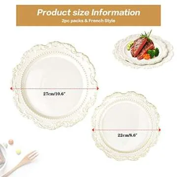 Sungmor 2PC Ceramic Flat Dinner Plates Set, 8.6 Inch & 10.6 Inch Large Round Plates, Beautiful Vine Embossed Porcelain Pasta Serving Dishes, Vintage Medieval Europe Style Big Heavy Plates Dinnerware