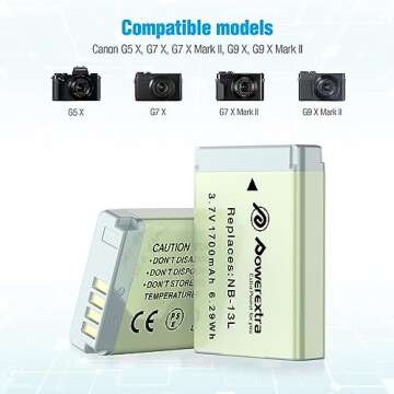 Powerextra 2 Pack NB-13L Battery and Travel Charger Compatible with Canon PowerShot G5 X G7 X G7 X Mark II G9 X G9 X Mark II SX620 HS SX720 HS SX730 HS Digital Camera