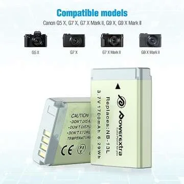 Powerextra 2 Pack NB-13L Battery and Travel Charger Compatible with Canon PowerShot G5 X G7 X G7 X Mark II G9 X G9 X Mark II SX620 HS SX720 HS SX730 HS Digital Camera