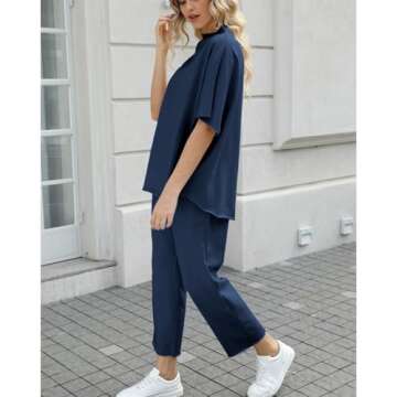 SeeLuNa Women's Two Piece Outfits 3/4 Batwing Sleeve Capelet Crew Neck Pullover Top Wide Leg Pants Lounge Set(Navy,XS)