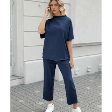 SeeLuNa Women's Two Piece Outfits 3/4 Batwing Sleeve Capelet Crew Neck Pullover Top Wide Leg Pants Lounge Set(Navy,XS)