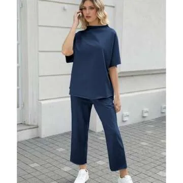 SeeLuNa Women's Two Piece Outfits 3/4 Batwing Sleeve Capelet Crew Neck Pullover Top Wide Leg Pants Lounge Set(Navy,XS)