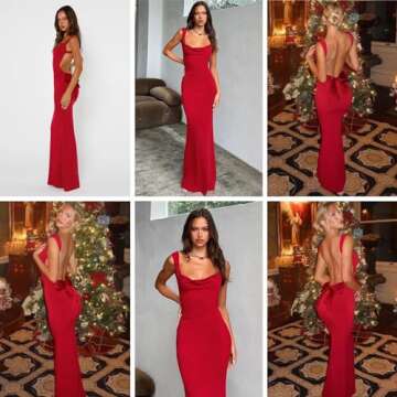RARITYUS Women's Sexy Cowl Neck Backless Maxi Dress Elegant Satin Bowknot Long Dress Cocktail Party Evening Gown (Red, Small)
