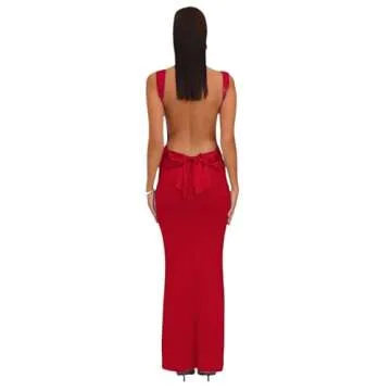 RARITYUS Women's Sexy Cowl Neck Backless Maxi Dress Elegant Satin Bowknot Long Dress Cocktail Party Evening Gown (Red, Small)