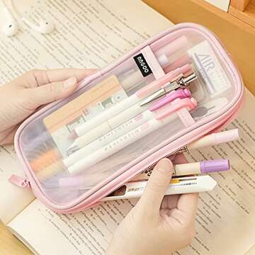EASTHILL Grid Mesh Pen Pencil Case with Zipper Clear Makeup Color Pouch Cosmetics Bag Multi-Purpose ...