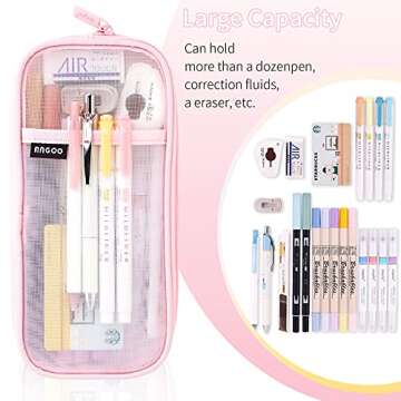 EASTHILL Grid Mesh Pen Pencil Case with Zipper Clear Makeup Color Pouch Cosmetics Bag Multi-Purpose Travel School Teen Girls and Boys Transparent Stationary Bag Office Organizer Box for Adluts(Pink)
