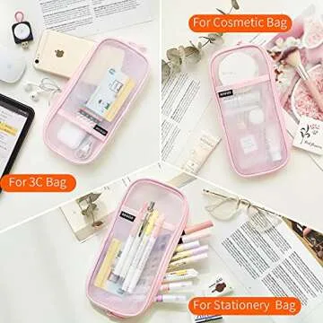 EASTHILL Grid Mesh Pen Pencil Case with Zipper Clear Makeup Color Pouch Cosmetics Bag Multi-Purpose Travel School Teen Girls and Boys Transparent Stationary Bag Office Organizer Box for Adluts(Pink)