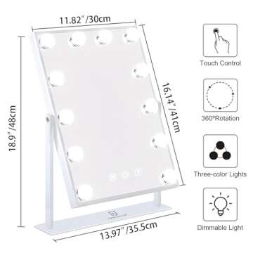 FENCHILIN Lighted Makeup Mirror Hollywood Mirror Vanity Makeup Mirror with Light Smart Touch Control 3Colors Dimmable Light Detachable 10X Magnification 360°Rotation(White)