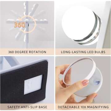 FENCHILIN Lighted Makeup Mirror Hollywood Mirror Vanity Makeup Mirror with Light Smart Touch Control 3Colors Dimmable Light Detachable 10X Magnification 360°Rotation(White)
