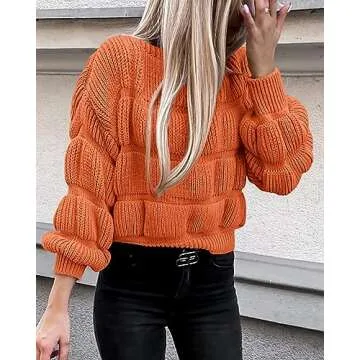 PRETTYGARDEN Women's 2024 Fall Sweaters Casual Crew Neck Pullover Long Puff Sleeve Loose Plain Chunky Knit Cute Blouse Tops (Orange,Large)