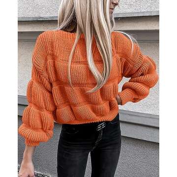 PRETTYGARDEN Women's 2024 Fall Sweaters Casual Crew Neck Pullover Long Puff Sleeve Loose Plain Chunky Knit Cute Blouse Tops (Orange,Large)
