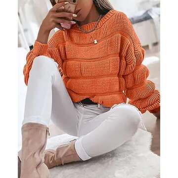 PRETTYGARDEN Women's 2024 Fall Sweaters Casual Crew Neck Pullover Long Puff Sleeve Loose Plain Chunky Knit Cute Blouse Tops (Orange,Large)