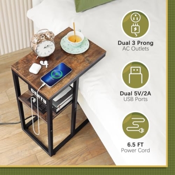 Yoobure C Shaped End Table with USB Charging Ports