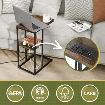 Yoobure C Shaped End Table with USB Charging Ports