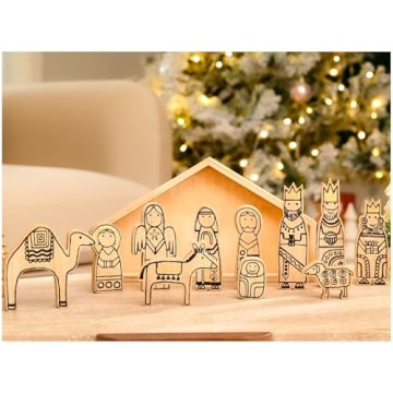 WONDROUS' DECO Wooden Nativity Set,12Pcs Christmas Tabletop Scene-7" Tall, Small Nativity Ornament f...