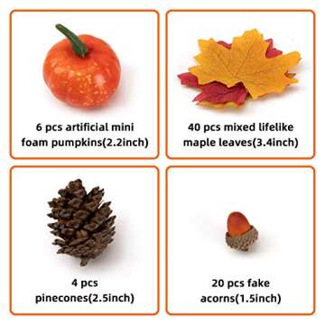 Joy Bang Mini Artificial Pumpkins Lifelike Fake Maple Leaves Pine Cones Acorns and Pine Cones for Fall Thanksgiving Artificial Pumpkins Home Decorations