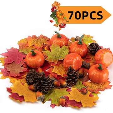 Joy Bang Mini Artificial Pumpkins Lifelike Fake Maple Leaves Pine Cones Acorns and Pine Cones for Fall Thanksgiving Artificial Pumpkins Home Decorations