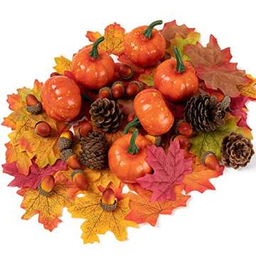 Joy Bang Mini Artificial Pumpkins Lifelike Fake Maple Leaves Pine Cones Acorns and Pine Cones for Fall Thanksgiving Artificial Pumpkins Home Decorations