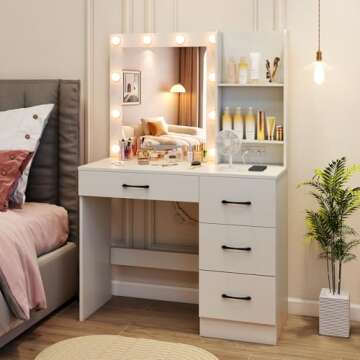 CHARMAID Vanity Desk with Mirror and Lights, White Makeup Vanity Desk with 4 Large Drawers, 2 Storag...