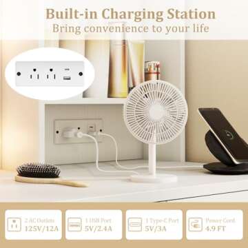 CHARMAID Vanity Desk with Mirror and Lights, White Makeup Vanity Desk with 4 Large Drawers, 2 Storage Shelves, Charging Station, 3-Color Lights Adjustable, Modern Vanity Dressing Table for Bedroom