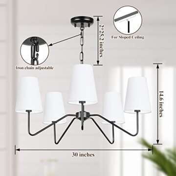 5-Light 30” Modern Chandelier with White Shades, Classic Pendant Ceiling Light Fixture for Dining Room, Black Chandelier with E12 Base Hanging Lamp for Living Room Hallway Bedroom, Height Adjustable
