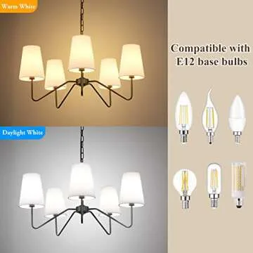 5-Light 30” Modern Chandelier with White Shades, Classic Pendant Ceiling Light Fixture for Dining Room, Black Chandelier with E12 Base Hanging Lamp for Living Room Hallway Bedroom, Height Adjustable