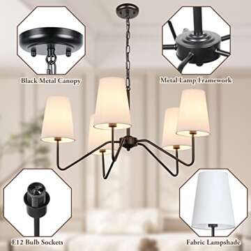 5-Light 30” Modern Chandelier with White Shades, Classic Pendant Ceiling Light Fixture for Dining Room, Black Chandelier with E12 Base Hanging Lamp for Living Room Hallway Bedroom, Height Adjustable
