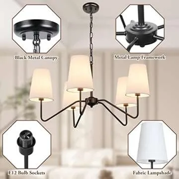 5-Light 30” Modern Chandelier with White Shades, Classic Pendant Ceiling Light Fixture for Dining Room, Black Chandelier with E12 Base Hanging Lamp for Living Room Hallway Bedroom, Height Adjustable