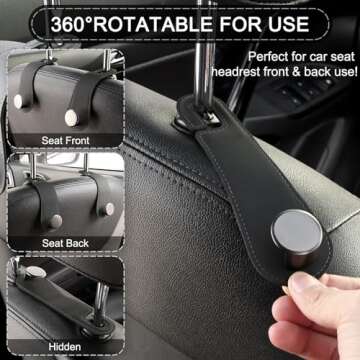 JESTOP Car Headrest Hooks, 2 Pack Leather Car Seat Storage Hanger for Purses Bags, Stylish Car Seat Organizer Hooks for Handbag Coat Umbrellas, Car Inside Accessories, Black