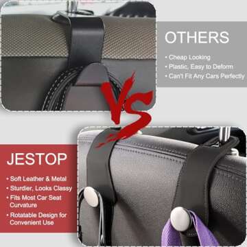 JESTOP Car Headrest Hooks, 2 Pack Leather Car Seat Storage Hanger for Purses Bags, Stylish Car Seat Organizer Hooks for Handbag Coat Umbrellas, Car Inside Accessories, Black