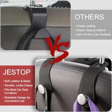 JESTOP Car Headrest Hooks, 2 Pack Leather Car Seat Storage Hanger for Purses Bags, Stylish Car Seat Organizer Hooks for Handbag Coat Umbrellas, Car Inside Accessories, Black
