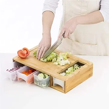 OLOZIQ Bamboo Cutting Board with Trays and Lids Storage Containers – Multifunction Easy Chopping Meal Prep Station with Juice Grooves – 4 Multi-Functional Graters Included with Food Sliding Opening
