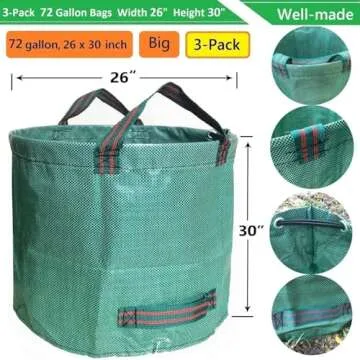 Professional 3-Pack 72 Gallons Yard Lawn Garden Bags (D26, H30 inches) with Coated Garden Gloves,Reusable Leaf Waste Bags,Patio Bags,Laundry Container,Gardening Trimmings Bag with 4 Handles