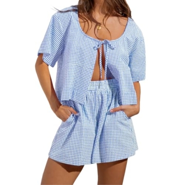 Women Casual Plaid Pajamas Set 2 Piece Lounge Set Short Sleeve Tie Front Shirt High Waist Shorts Y2k...