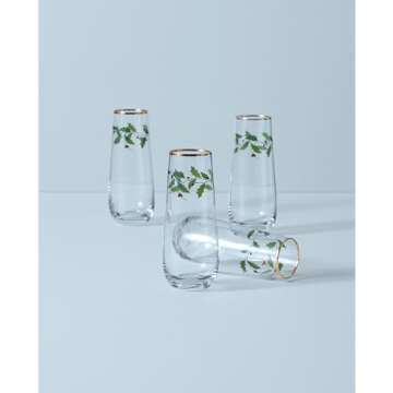 Lenox 889237 Holiday 4-Piece Stemless Flute Set, Christmas Theme