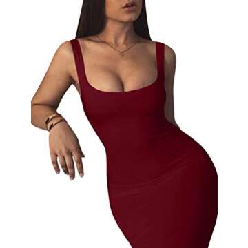 LAGSHIAN Women's Sexy Bodycon Tank Dress Sleeveless Basic Midi Club Dresses WineRed
