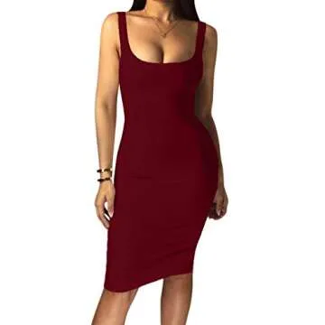 LAGSHIAN Women's Sexy Bodycon Tank Dress Sleeveless Basic Midi Club Dresses WineRed