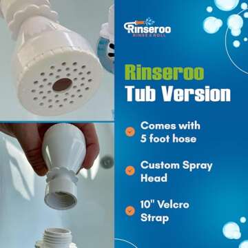 Rinseroo - No-install Tub Faucet Sprayer Attachment for Spouts up to 3'' Wide – 5 Foot Ultra Flex Shower Hose Attachment for Sink, Hair Washing, Baby Bath, Pet Care & More - Easy Portable Bathtub Hose