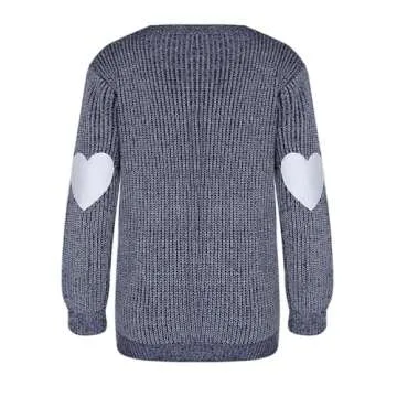 shermie Women's Cute Heart Pattern Elbow Patchwork Knitted Sweaters Long Sleeve Crew Neck Casual Pullover Medium Thick Navy