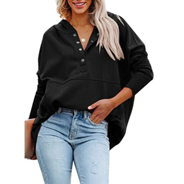 AlvaQ Oversized Women Casual Henley Hoodie - Comfy V Neck Pullover Sweatshirt Black Plus Size