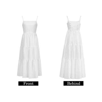 Fashionme Women Boho Smocked Dress Tiered Babydoll Fit and Flared Beach Dress Backless Cutout Spaghetti Strap Slip Cami Midi/Maxi Dresses Casual/Formal Summer