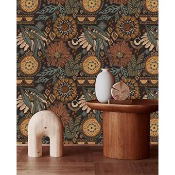 HAOKHOME Wallpaper Peel and Stick Floral Boho Brown/PeachPuff/Green Retro Wall Decor Bathroom Removable Mural 17.7in x 9.8ft