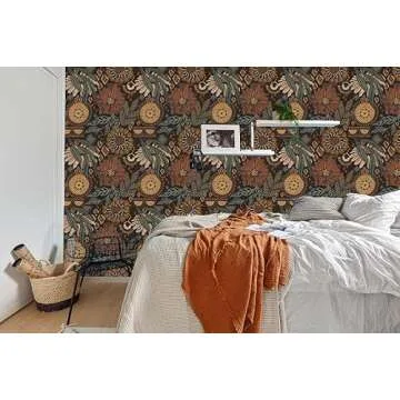 HAOKHOME Wallpaper Peel and Stick Floral Boho Brown/PeachPuff/Green Retro Wall Decor Bathroom Removable Mural 17.7in x 9.8ft