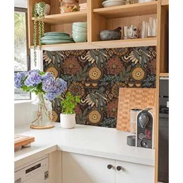 HAOKHOME Wallpaper Peel and Stick Floral Boho Brown/PeachPuff/Green Retro Wall Decor Bathroom Removable Mural 17.7in x 9.8ft