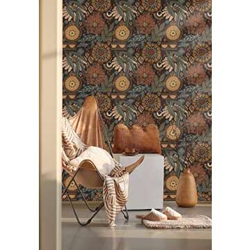 HAOKHOME Wallpaper Peel and Stick Floral Boho Brown/PeachPuff/Green Retro Wall Decor Bathroom Removable Mural 17.7in x 9.8ft