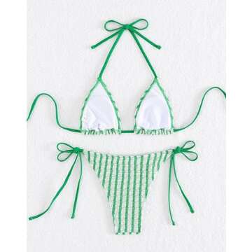 Falainetee Women's Striped Halter Bathing Suit High Waisted Triangle Colorblock Swimsuit Bikini Set Green M