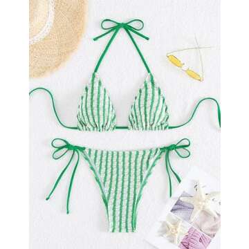 Falainetee Women's Striped Halter Bathing Suit High Waisted Triangle Colorblock Swimsuit Bikini Set Green M