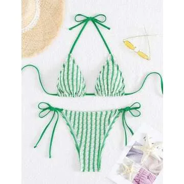 Falainetee Women's Striped Halter Bathing Suit High Waisted Triangle Colorblock Swimsuit Bikini Set Green M