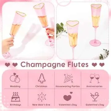 Didaey 2 Pack Wedding Heart Shaped Champagne Flutes Pink Coupe Martini Glasses Cocktail Toasting Glasses Wine Cups with Gold Rim for Bridal Shower Celebrations Girl Birthday Party Supplies(Retro)